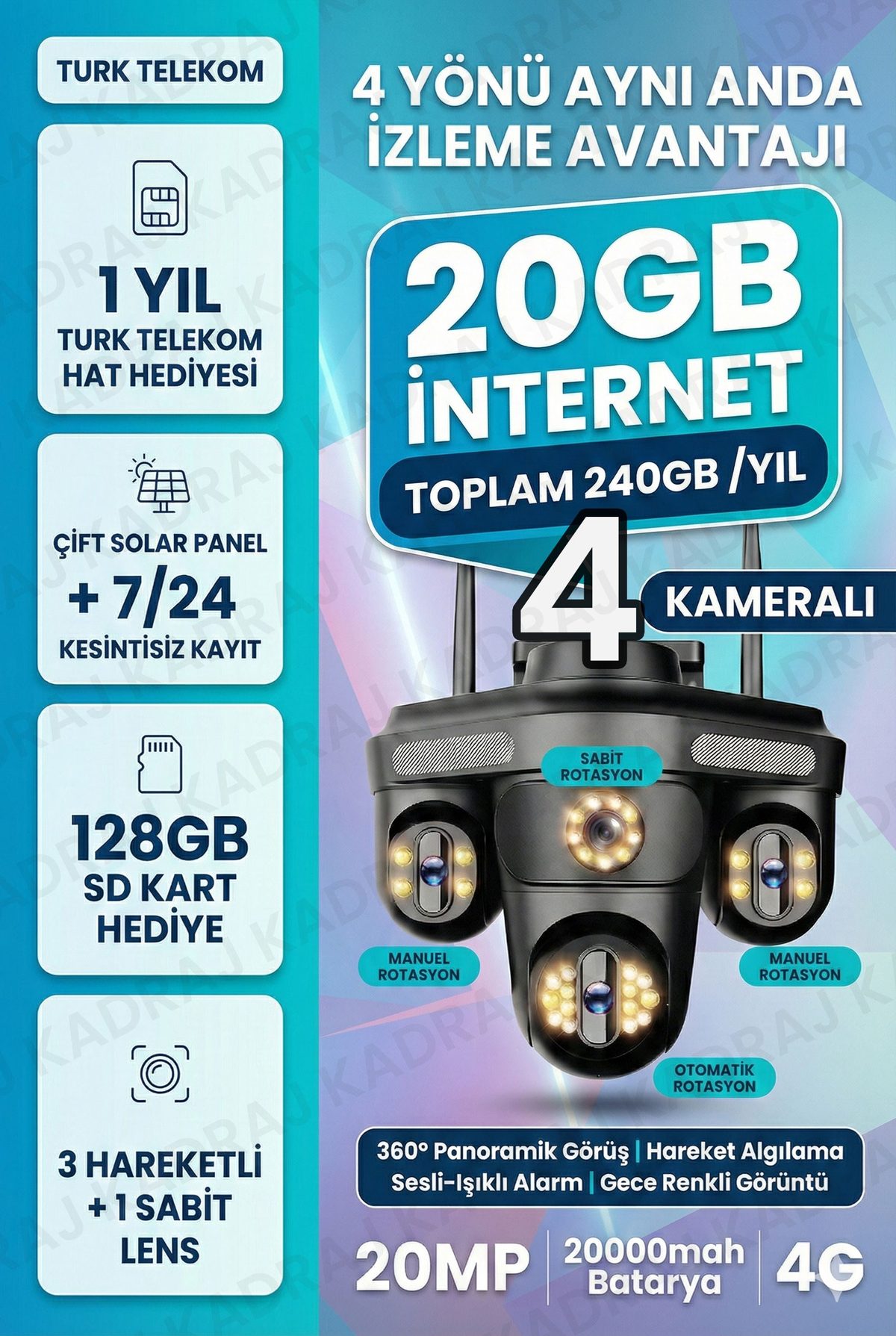 Kadraj Sim Kartlı Kamera - 4 Kamera - 240GB TURK TELEKOM Yıllık Sim Kart Dahil + 128GB SD Kart + 2 Solar Panel + 20.000mah Batarya