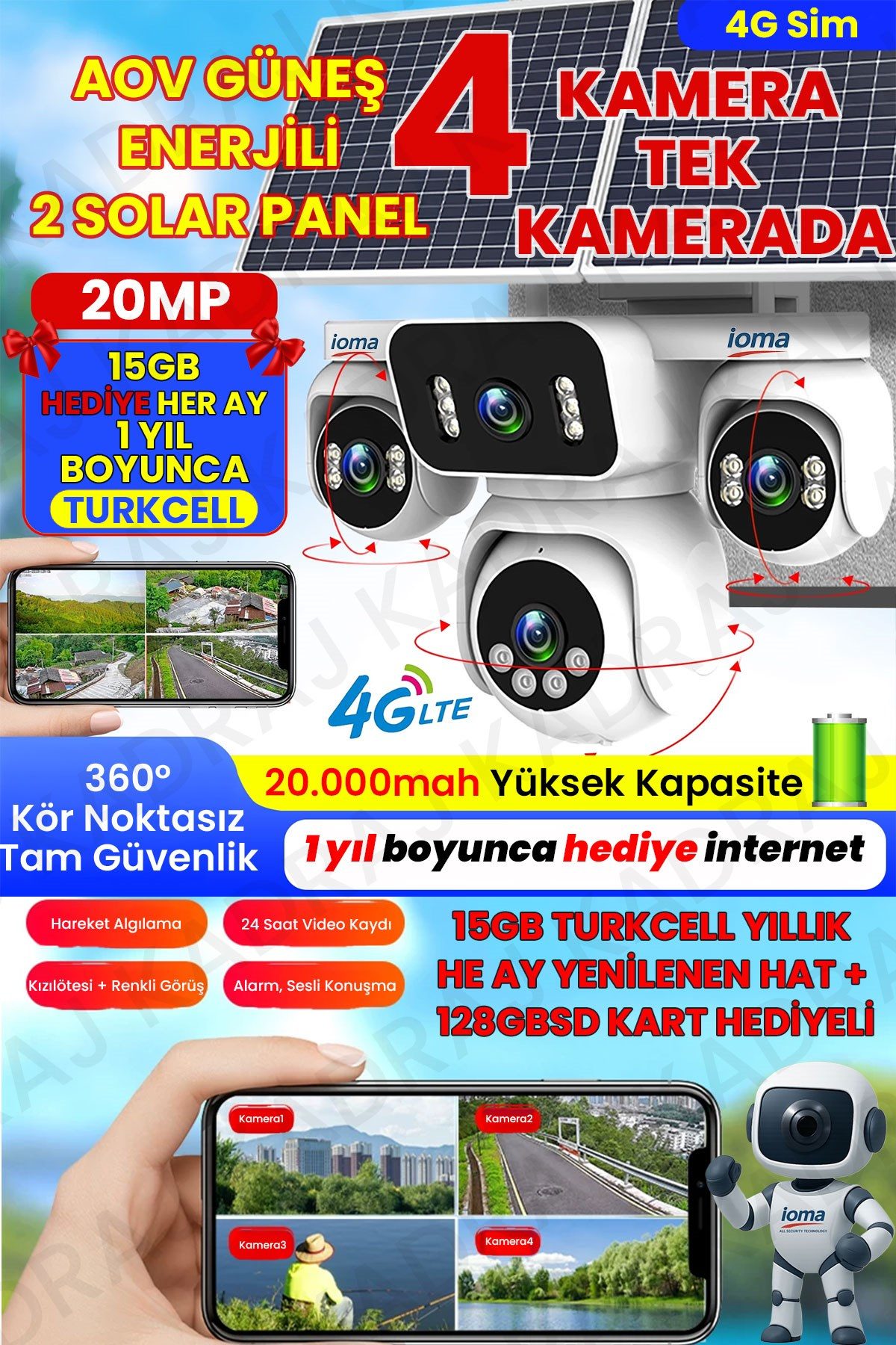 IOMA Sim Kartlı Kamera , Güneş Enerjili 4 Kameralı Solar Panelli Kamera , 20000 Mah | 2 Solar Panel | 4G | IOMA