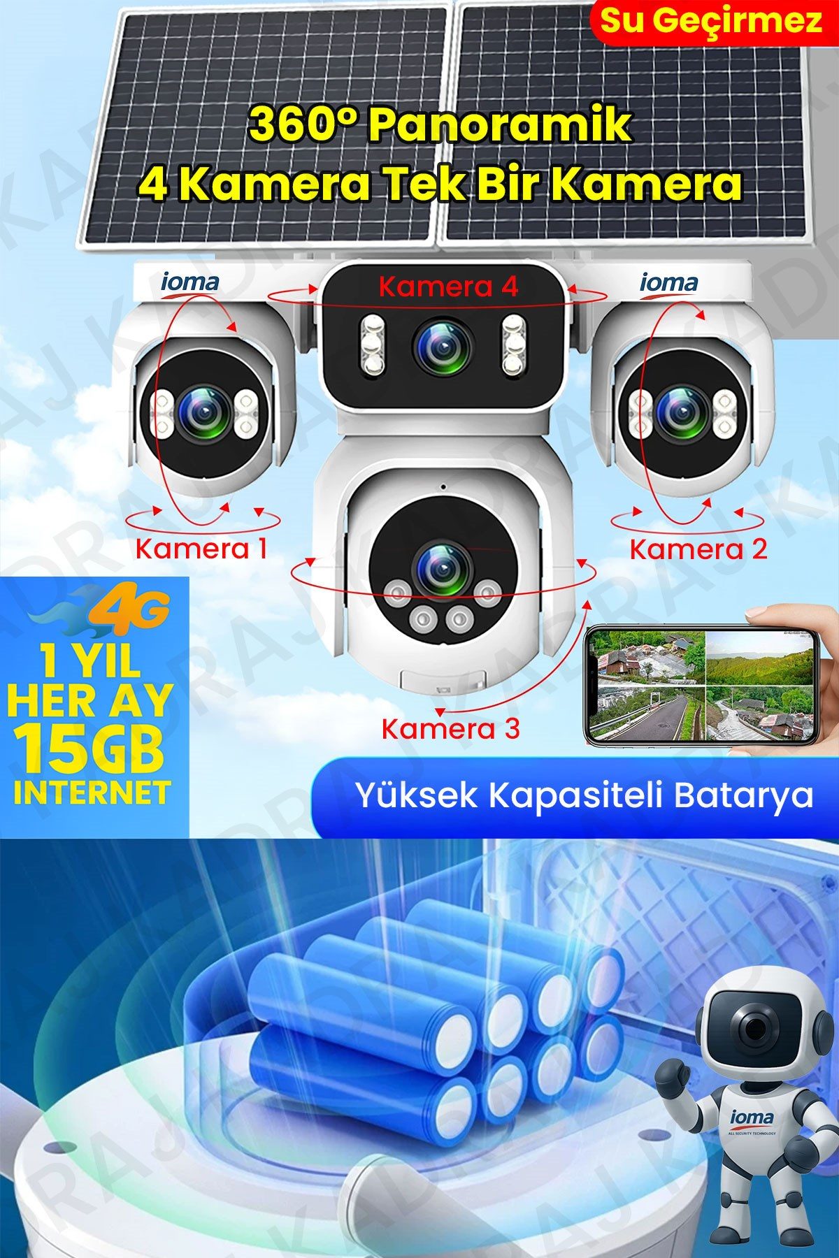 IOMA Sim Kartlı Kamera , Güneş Enerjili 4 Kameralı Solar Panelli Kamera , 20000 Mah | 2 Solar Panel | 4G | IOMA