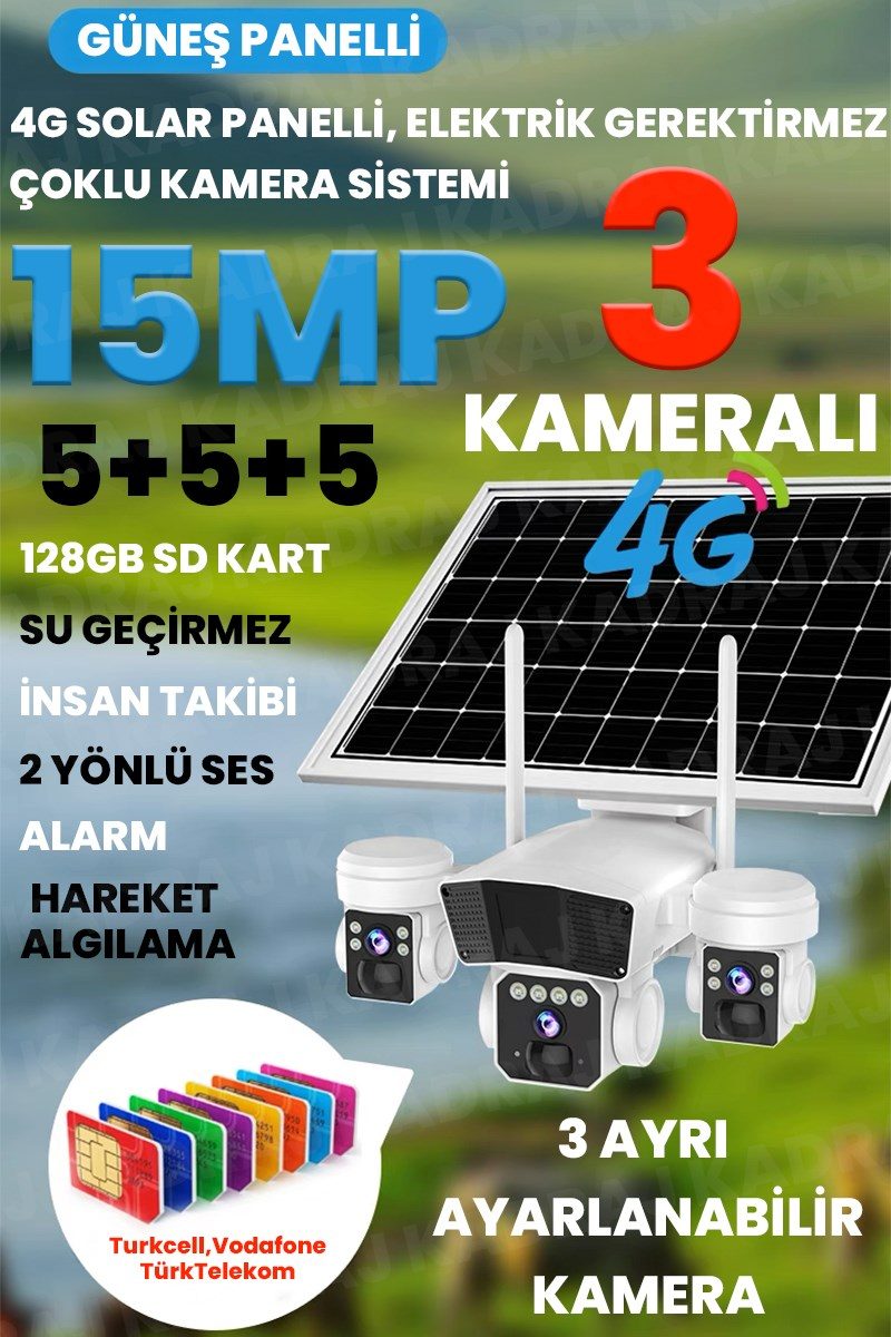 Kadraj Solar Kamera - Güneş Enerjili Kamera - Sim Kartlı Kamera - 15MP - 3 LENS - 3 KAMERALI GÜVENLİK KAMERASI - 12000MAH BATARYA - UZAKTAN İZLEME