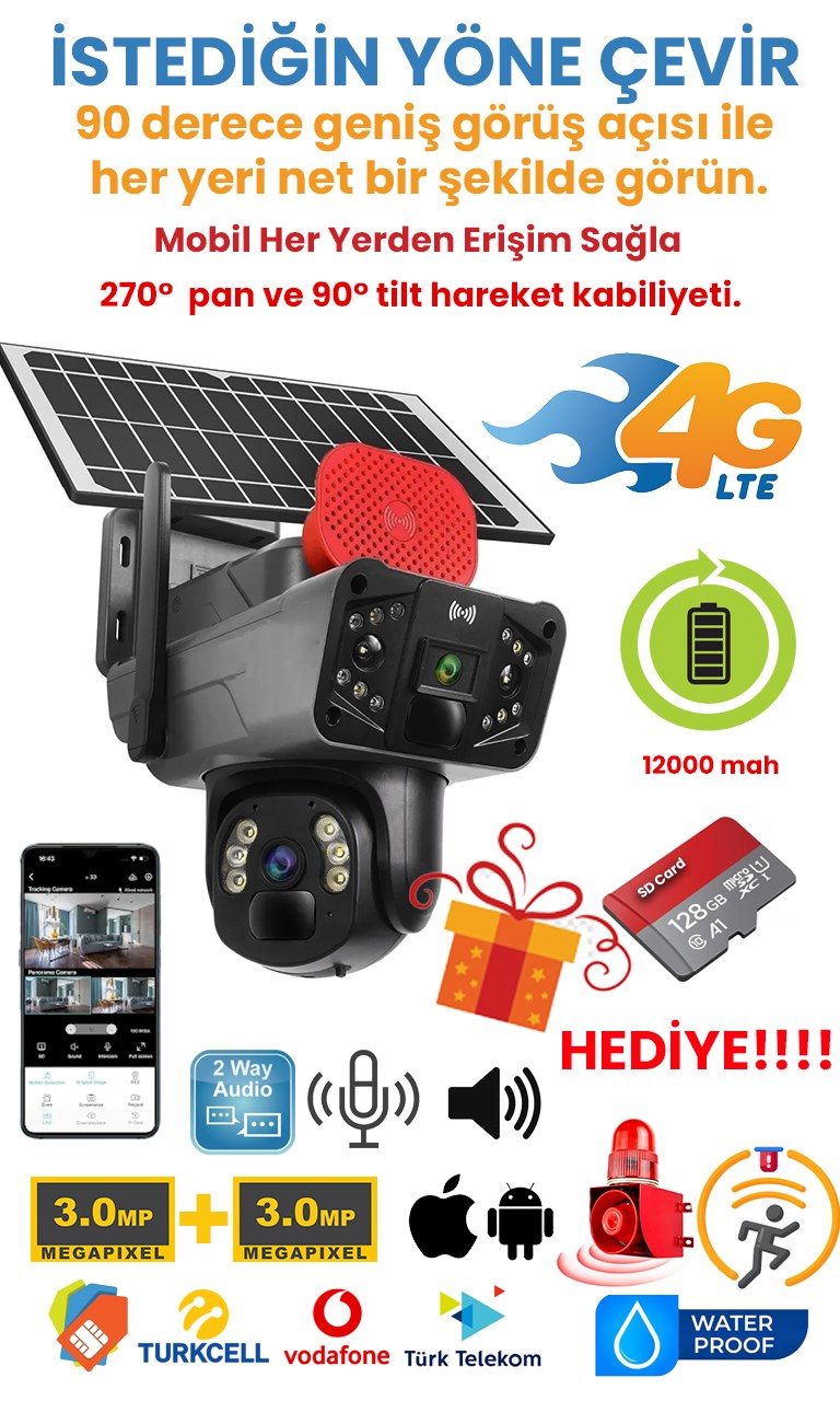 Kadraj Solar Panelli, Güneş Enerjili, SIM Kartlı 4G, 6MP Çift Lensli PTZ Güvenlik Kamerası – Hareket Algılama 128 GB SD Kart Hediyeli