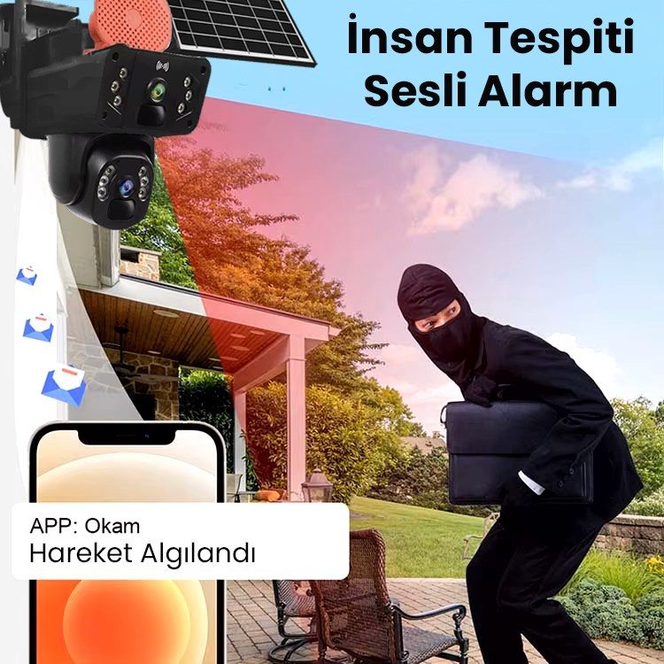 Kadraj Solar Panelli, Güneş Enerjili, SIM Kartlı 4G, 6MP Çift Lensli PTZ Güvenlik Kamerası – Hareket Algılama 128 GB SD Kart Hediyeli - görsel 3