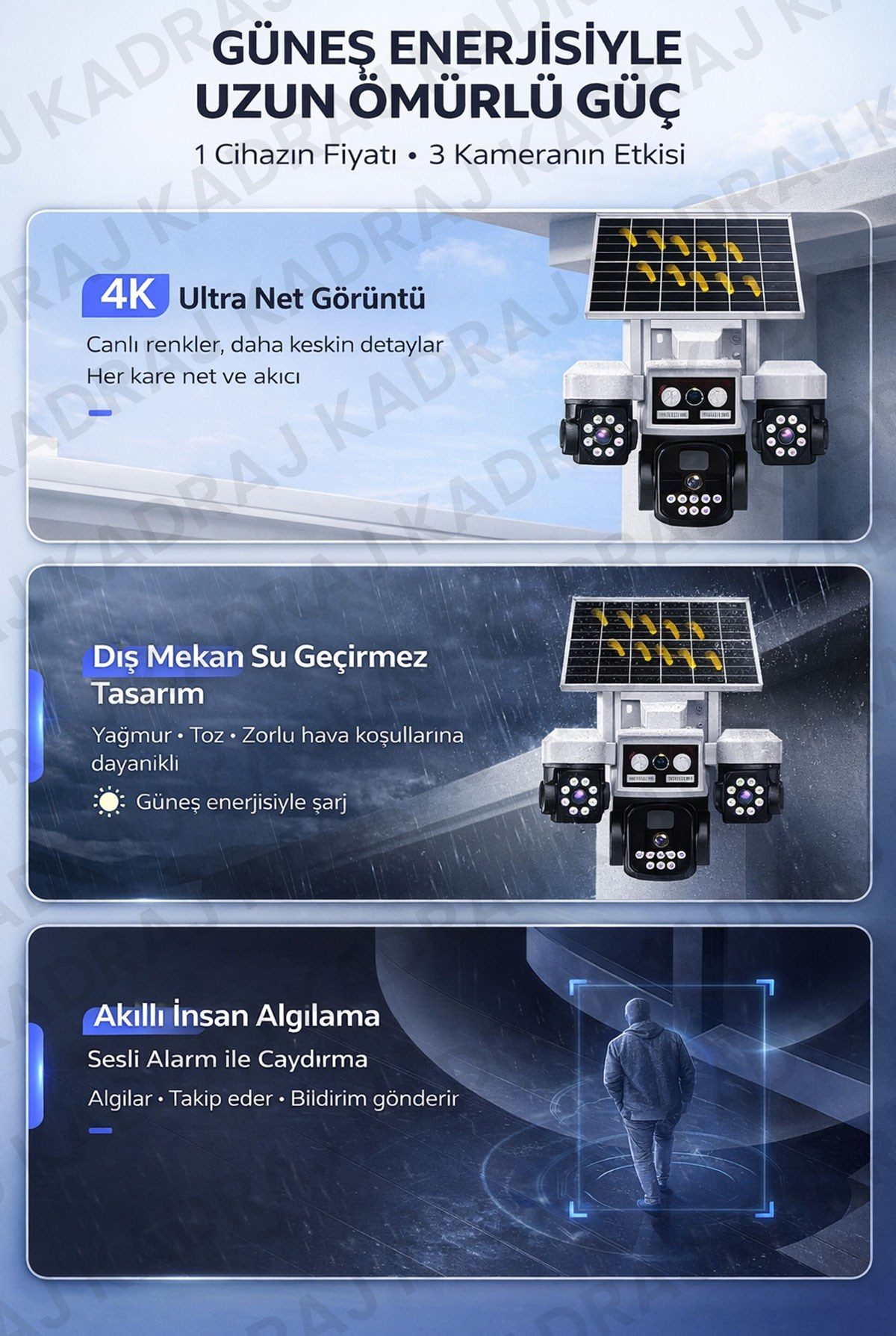 Kadraj Solar Panelli + WIFI Kamera, Dahili Batarya , 3 LENS, Polis Çakarı, Sesli Alarm, 2 Yönlü Konuşma, Anlık Bildirim - görsel 5