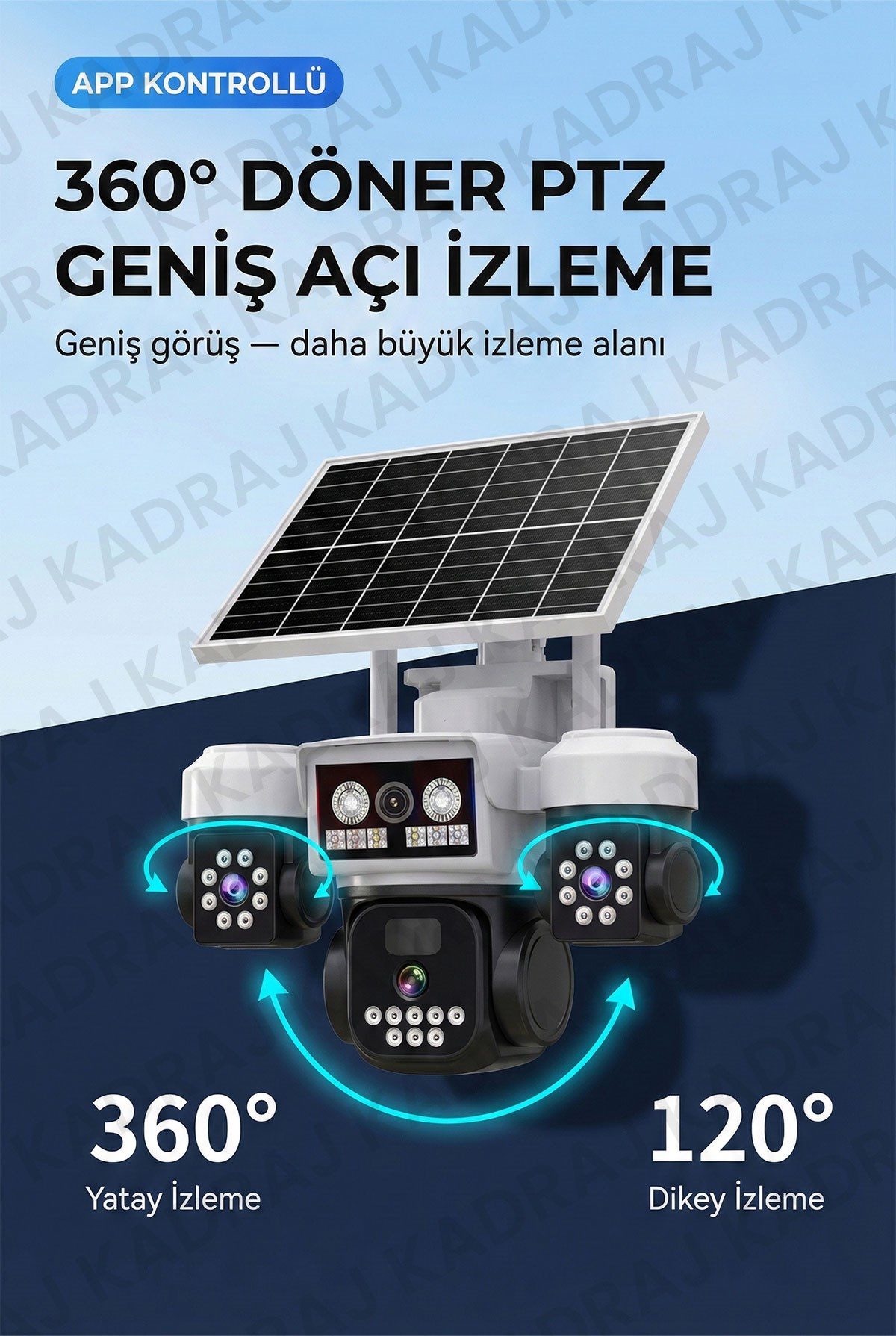 Kadraj Solar Panelli + WIFI Kamera, Dahili Batarya , 3 LENS, Polis Çakarı, Sesli Alarm, 2 Yönlü Konuşma, Anlık Bildirim - görsel 4