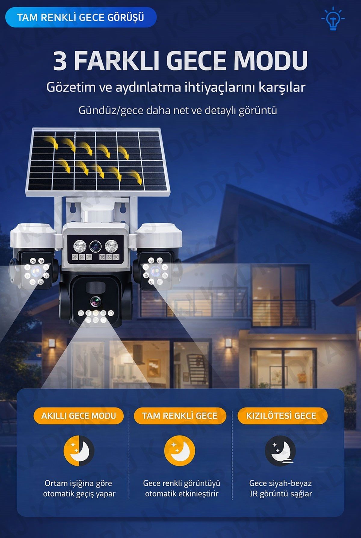 Kadraj Solar Panelli + WIFI Kamera, Dahili Batarya , 3 LENS, Polis Çakarı, Sesli Alarm, 2 Yönlü Konuşma, Anlık Bildirim - görsel 6