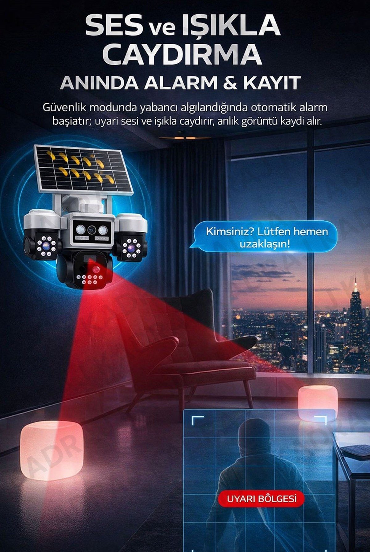 Kadraj Solar Panelli + WIFI Kamera, Dahili Batarya , 3 LENS, Polis Çakarı, Sesli Alarm, 2 Yönlü Konuşma, Anlık Bildirim - görsel 4