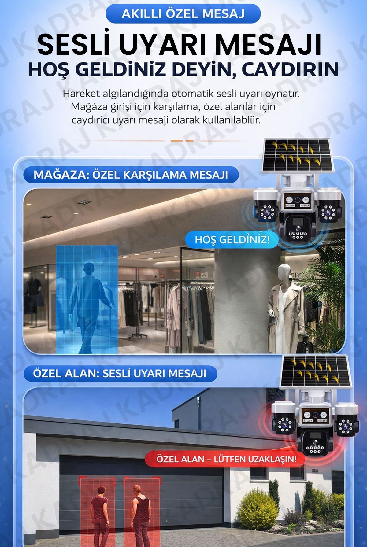 Kadraj Solar Panelli + WIFI Kamera, Dahili Batarya , 3 LENS, Polis Çakarı, Sesli Alarm, 2 Yönlü Konuşma, Anlık Bildirim - görsel 13
