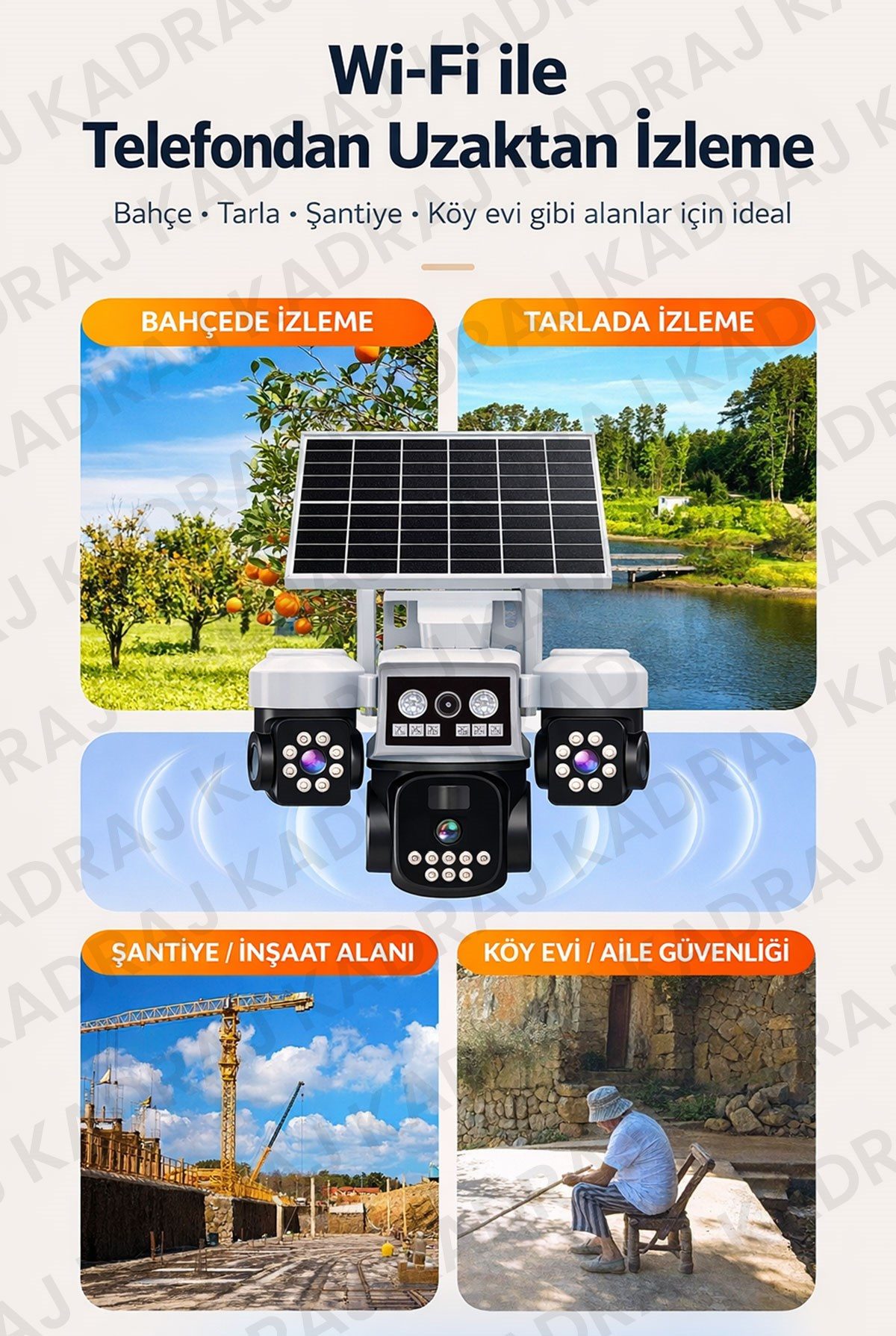 Kadraj Solar Panelli + WIFI Kamera, Dahili Batarya , 3 LENS, Polis Çakarı, Sesli Alarm, 2 Yönlü Konuşma, Anlık Bildirim - görsel 7