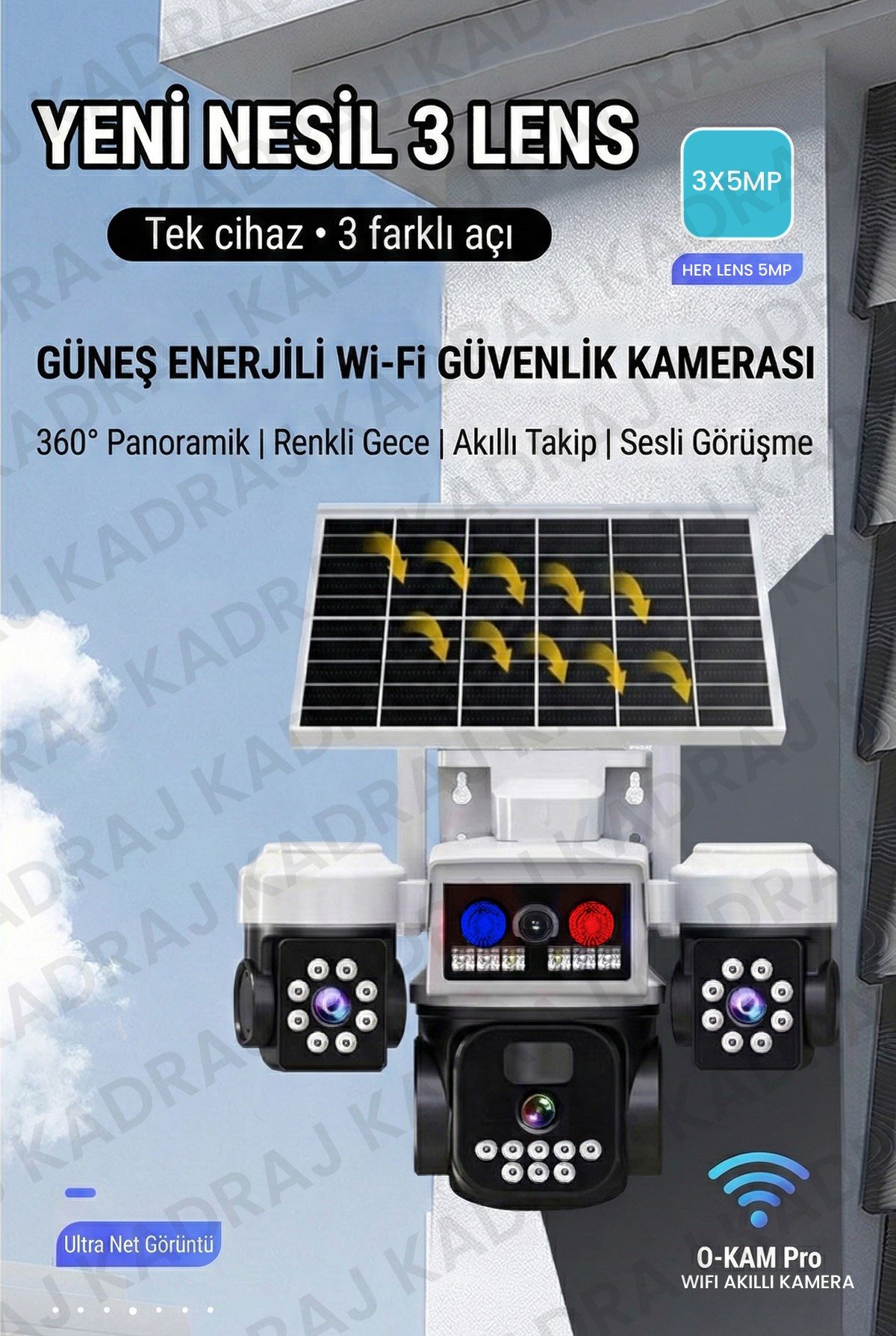 Kadraj Solar Panelli + WIFI Kamera, Dahili Batarya , 3 LENS, Polis Çakarı, Sesli Alarm, 2 Yönlü Konuşma, Anlık Bildirim