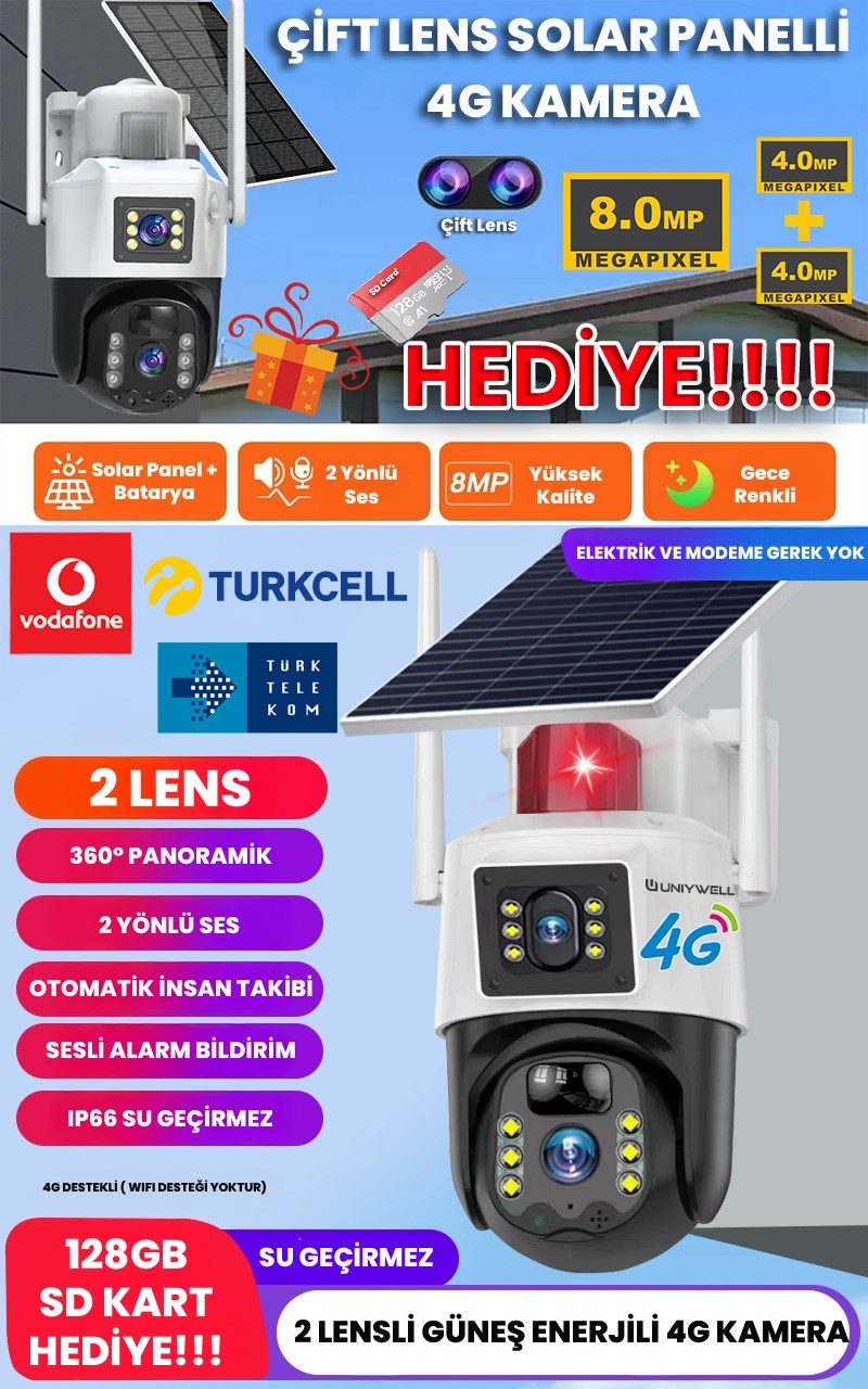 UNIYWELL UNIYWELL 4G Solar Panelli Güvenlik Kamerası, Güneş Enerjili , 8MP Çift Lens, Sim Kartlı, PTZ, Su Geçirmez