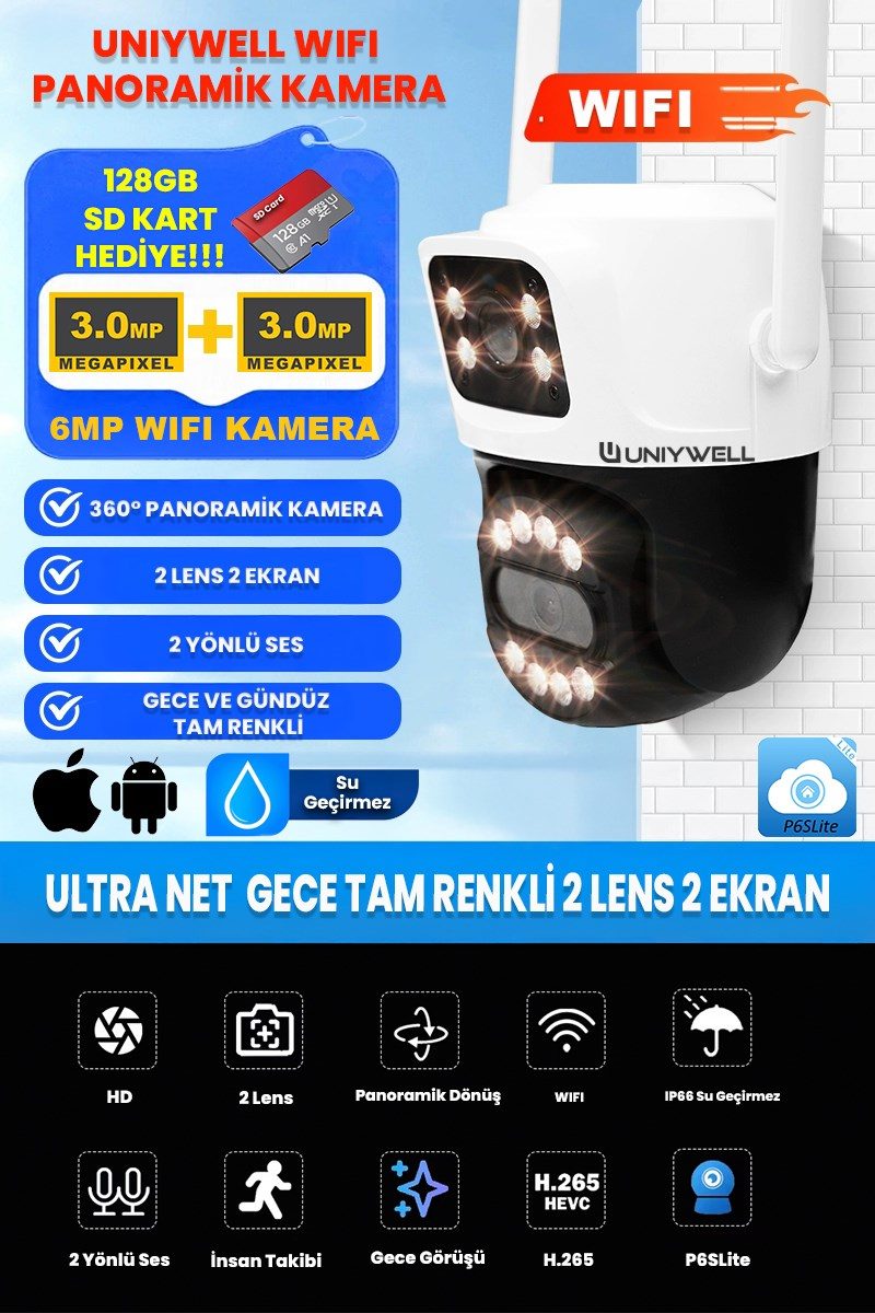 UNIYWELL UNIYWELL 6 MP WIFI Kamera 2 LENS - Tam Renkli Gece Görüş - Su Geçirmez - 2 Yönlü Ses