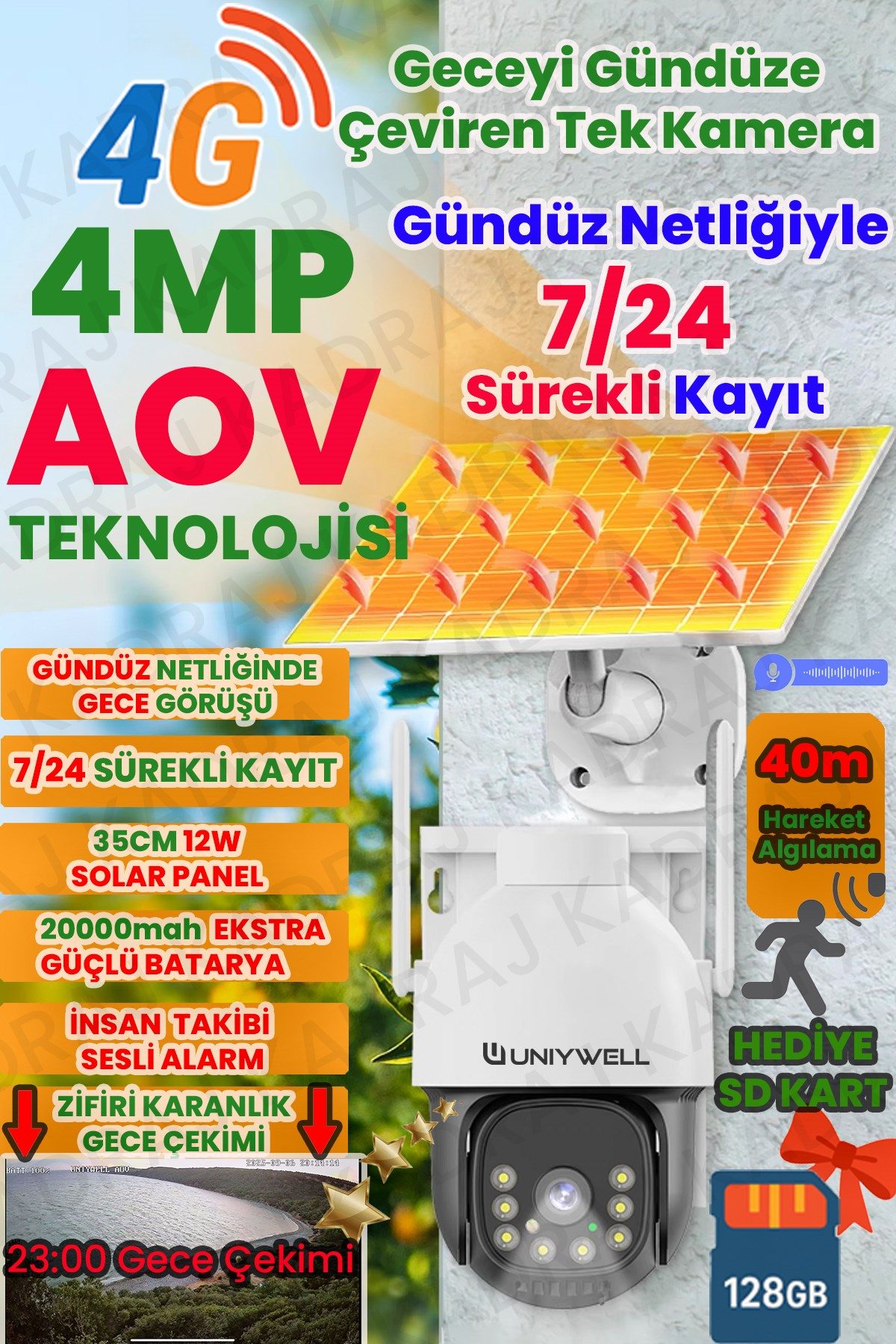 UNIYWELL UNIYWELL 6MP AOV Solar Panelli 4G e-SIM Destekli Güvenlik Kamerası – 20000mAh Batarya, 7/24 Sürekli Renkli Kayıt, AI İnsan Takibi, IP66 Su Geçirmez