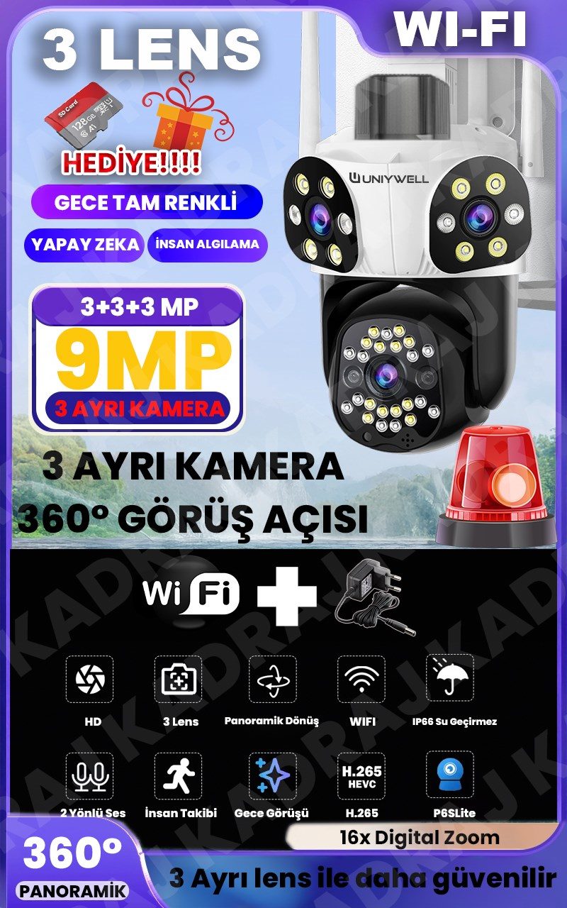 WIFI Güvenlik Kamerası | 9MP | 12V DC | 2 Yönlü Ses | Hareket Algılama | Tam Renki Gece Görüşü | Alarm | Uzaktan İzmele