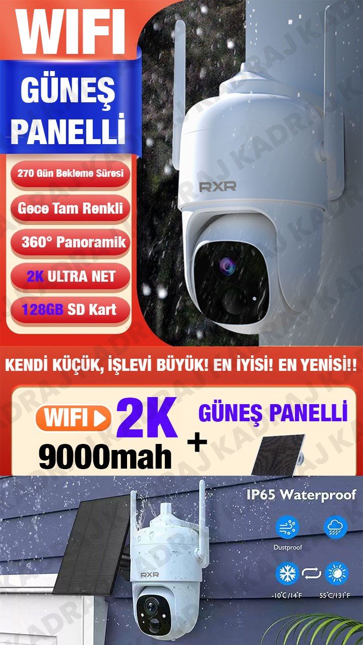 WIFI | Solar Panelli Kablosuz PTZ Kamera | 3MP Full HD | 360° Hareket | Gece Görüşü | Çift Yönlü Konuşma | Akıllı Alarm | IP66 Dış Mekan | 128GB SD