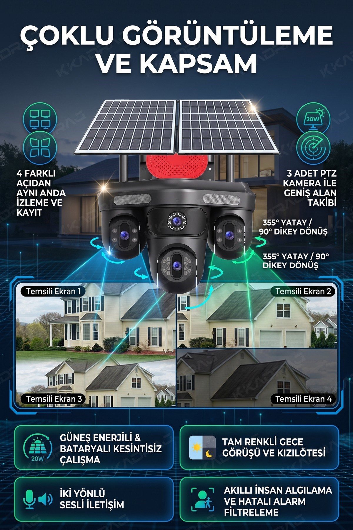 Kadraj X99 4 Lens + 3 Hareketli Otomatik PZT Kamera, 4G - E-Sim Destekli, 20MP, 20.000 Mah Batarya , AI - görsel 16