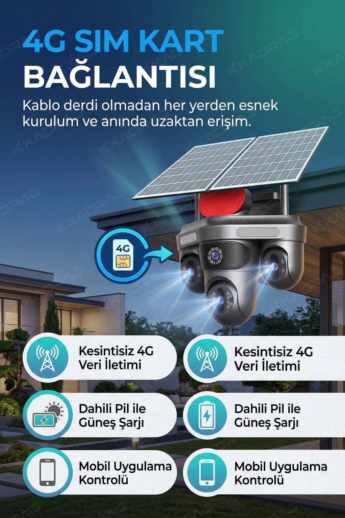 Kadraj X99 4 Lens + 3 Hareketli Otomatik PZT Kamera, 4G - E-Sim Destekli, 20MP, 20.000 Mah Batarya , AI - görsel 10